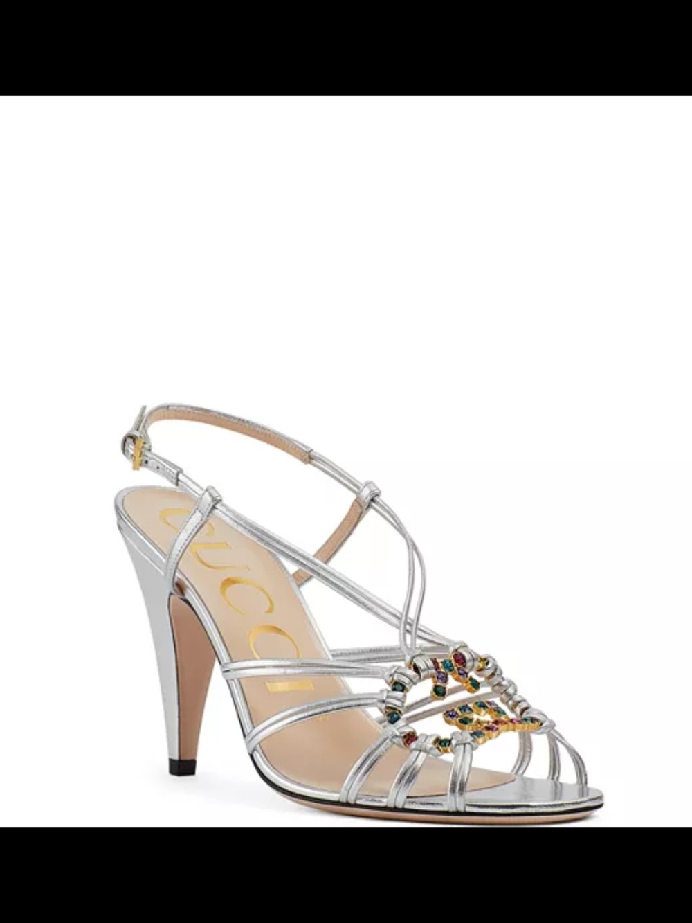 Gucci Metallic Silver Jeweled Strappy Slingback Heels